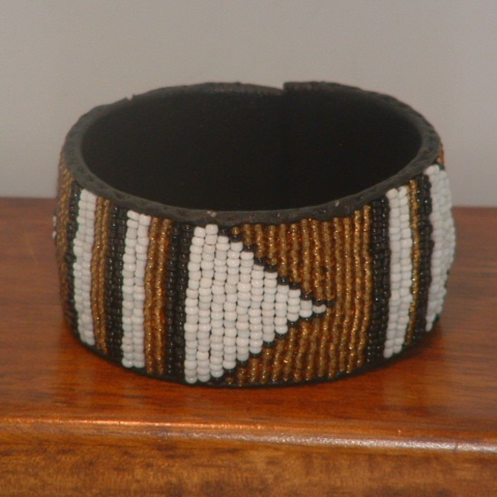 New Women's African Gold & White Beaded Wide Leather Bracelet